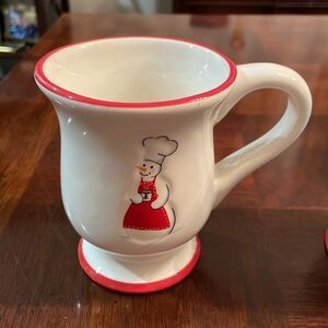 William Sonoma Snowman Ceramic Chef Mugs Cups with Candy Cane Stripe Spoons New